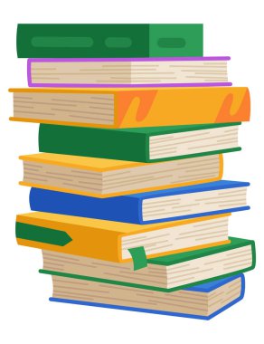 Yüksek kitap yığınları ya da yığın. Kütüphane ders kitapları, okul edebiyatı, sözlükler. Kitapçı reklamı. Çizgi roman yığınları beyaz üzerine izole edilmiş farklı renkli kapaklar ile açı görünümü.