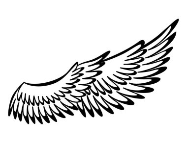 Kanatlılar skeci. Stilize kuş kanatları. Elle çizilmiş stiker kanadı açık pozisyonda. Renklendirme biçiminde vektör tasarımı ögeleri.