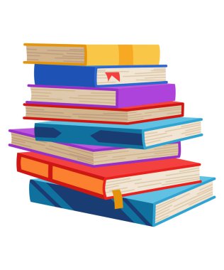 Yüksek kitap yığınları ya da yığın. Kütüphane ders kitapları, okul edebiyatı, sözlükler. Kitapçı reklamı. Çizgi roman yığınları beyaz üzerine izole edilmiş farklı renkli kapaklar ile açı görünümü.