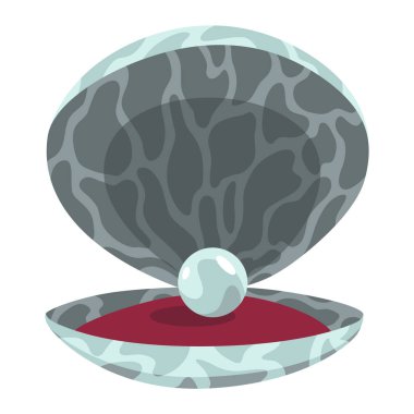 Deniz kabuğunda inci. Açık deniz kabuğu deniz tarağı ve inci kabuğu ikonu. Çizgi filmlerdeki gibi istiridye kabuklu güzel bir inci. Vektör illüstrasyonu beyaz arkaplanda izole edildi.