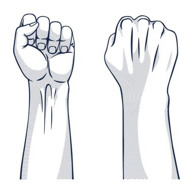 Rised fist hand gesture monochrome drawn emblem. Vector hand clenched into fist and rising up, symbol isolated on white background. Power sign. Human hand up in the air.