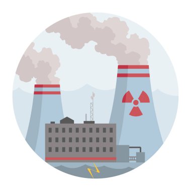 Enerji üretimi, nükleer. Enerji üretimi için endüstriyel enerji santrali teknolojisi. Ağır sanayinin fabrika tipi. Düz vektör çizimi beyaz arkaplanda izole edildi.