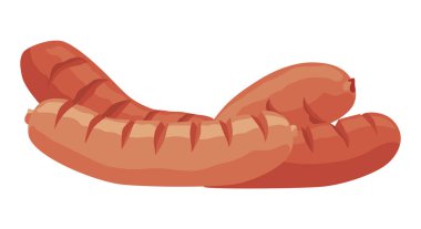 İki lezzetli ızgara sosisi içeren detaylı bir pikselli resim çizimi. Temiz, beyaz bir arka plana ustalıkla yerleştirilmiş.