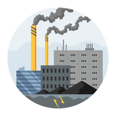 Enerji üretimi, kömür. Enerji üretimi için endüstriyel enerji santrali teknolojisi. Ağır sanayinin fabrika tipi. Düz vektör çizimi beyaz arkaplanda izole edildi.