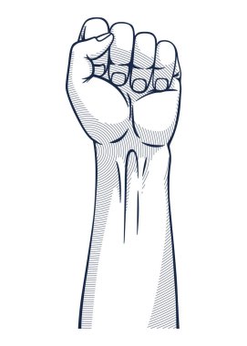 Rised fist hand gesture monochrome drawn emblem. Vector hand clenched into fist and rising up, symbol isolated on white background. Power sign. Human hand up in the air.