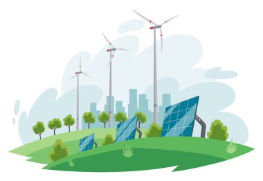 Temiz elektrik enerjisi kavramı. Güneş panelleri ve rüzgar türbinlerinden yenilenebilir elektrik kaynağı. Geleceğin ekolojik değişimi. Şehrin ufuk çizgisi ve arka planda doğa manzarası.