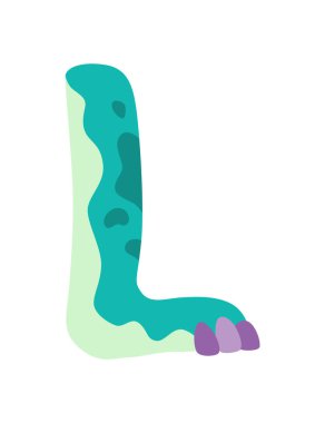 Dinozor alfabesi sembolü. Dino şeklinde İngiliz alfabesinin L harfi. Çocuklar renkli çizgi film komik kurgusal karakter ABC. Beyaz arkaplanda izole edilmiş vektör düz simgesi.