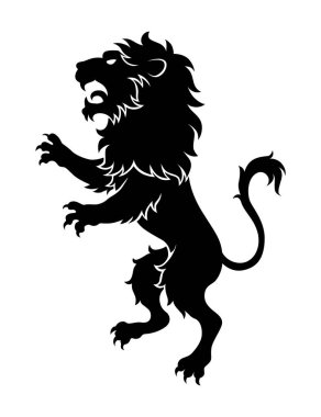 Heraldik aslan silueti. Düz bir şekilde duran siyah bir aslan. Heraldik simge, sembol ve tasarım ögesi beyaz arkaplanda izole edildi. Vektör illüstrasyonu.