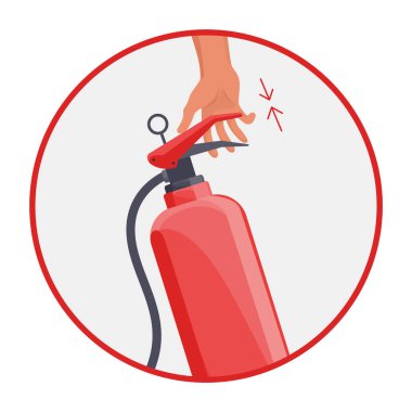 Yangın söndürme talimatı. Yangın önleme ve söndürme ipuçları. Güvenlik Bilgileri, web sitesi afişi veya afişi. Mavi arkaplanda izole edilmiş çizgi film düz vektör çizimleri.