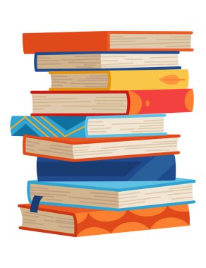 Yüksek kitap yığınları ya da yığın. Kütüphane ders kitapları, okul edebiyatı, sözlükler. Kitapçı reklamı. Çizgi roman yığınları beyaz üzerine izole edilmiş farklı renkli kapaklar ile açı görünümü.