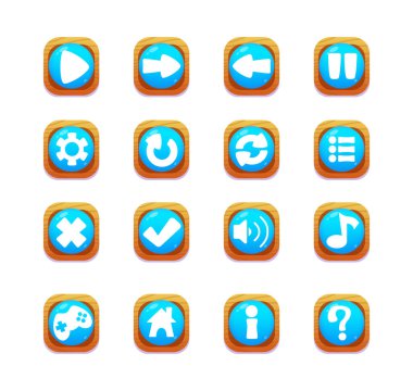 Oyun UI simgeleri. Mobil uygulama veya oyun arayüzü ögeleri. Çizgi film renkli tasarım. Kullanıcı arayüzü için çıkartmalar veya etiketler.