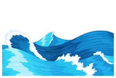Okyanus dalgaları, su sıçratma, deniz fırtınası. Mavi deniz ya da okyanus dalgası püskürtülmüş, tepesinde köpük var. Vektör illüstrasyonu.