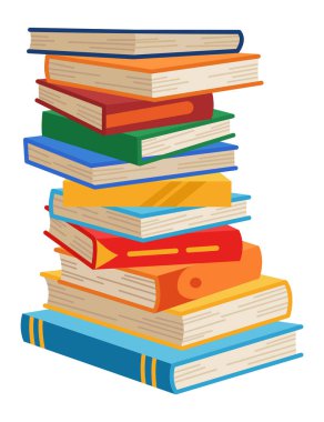 Yüksek kitap yığınları ya da yığın. Kütüphane ders kitapları, okul edebiyatı, sözlükler. Kitapçı reklamı. Çizgi roman yığınları beyaz üzerine izole edilmiş farklı renkli kapaklar ile açı görünümü.