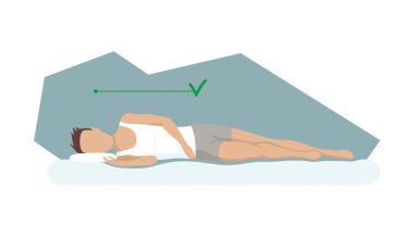 Uyuyan vücut duruşunu düzelt. Ortopedik yatak ve yastıkta sağlam bir uyku pozisyonu. Sırtın ve boynun sağlığını düşünüyorum. Vektör illüstrasyonu.