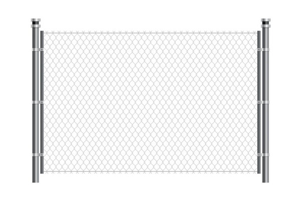 Metal wire fence. Chain-link fence fragment with metallic pillars. Secured territory, protected area or prison fencing. Wire grid construction.