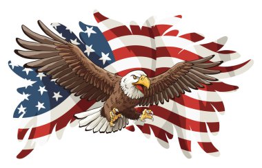 Amerikan bayrağı ve kartalı. Ulusal sembolü sallıyor. Amerikan renkli gururlu kartalı ve beyaz arka planda ulusal bayrak. Vektör tasarım ögesi.