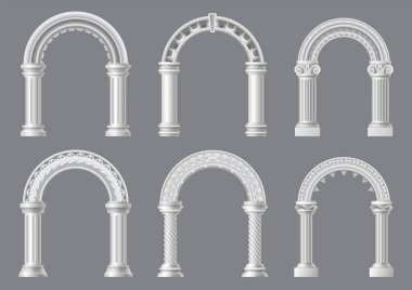 Antik Roma kemeri seti. Mimari taş ya da mermer kemer. Portal Yunan kalesi ya da sütunları olan lüks bir ön bina girişi. Yaratıcı yalıtılmış kemer tasarımı. Vektör çizgi film illüstrasyonu.