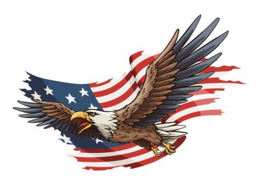 Amerikan bayrağı ve kartalı. Ulusal sembolü sallıyor. Amerikan renkli gururlu kartalı ve beyaz arka planda ulusal bayrak. Vektör tasarım ögesi.