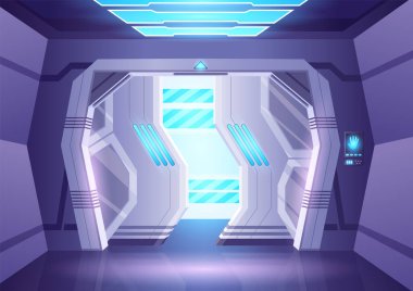 Uzay gemisi sürgülü kapı ya da laboratuvar kapısı. Aydınlatılmış giriş çerçevesi olan bir kapı açın. Oyunlar ve mobil uygulamalar uzay gemisi için sığınak veya uzay aracı çıkış kavramı.