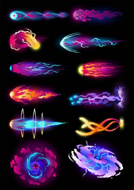 Hız efekti vfx. Çizgi roman silahı atışı. Enerji ateşi alevi. Neon rengi, asteroid uçan kaya. Şimşek hareketi. Fantezi vektör kümesi.