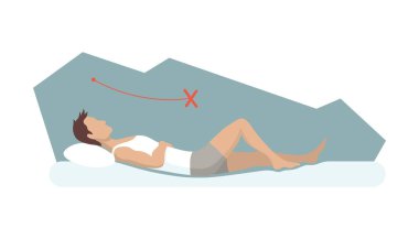 Uykusuz vücut duruşu. Yataklarda ve yastıklarda pek de sağlıklı bir uyku pozisyonu yok. Sırtın ve boynun sağlığını düşünüyorum. Vektör illüstrasyonu