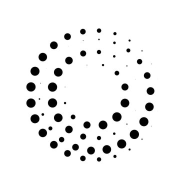 Yarım tonluk noktalı hız çizgileri çemberi. Geometrik sanat daire şeklinde. Yuvarlak girdap hareketi sembolü. Yarım tonluk dairesel noktalı çerçeve. Vektör tasarım ögesi.