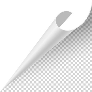 Kıvrılmış kağıt köşesi. Eğri sayfa köşesi, sayfa kenarı kıvrımlı ve gerçekçi gölgesi olan eğri kağıt çarşaf. Kağıt köşe katlaması beyaz arkaplanda izole edildi.