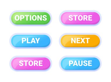 Game UI button. Mobile application or game interface element. Cartoon colorful design. Sticker or label for user interface.