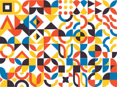 Geometrik mozaik, Bauhaus deseni. Modern geometri figürü, şekil. Bauhaus. Geometrik mozaik. Asgari duvar resmi dokusu. Geometrik mozaik parmak izi. Eski duvar kâğıdı. Vektör illüstrasyonu.