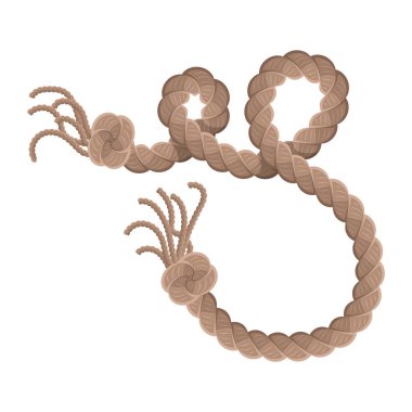 Püskül ve düğümle ipe asılıyor. Denizcilik ipliği ya da deniz dikey ipliği. Beyaz arka planda izole edilmiş halata asılı tekstil püskülleri. Vektör illüstrasyonu.