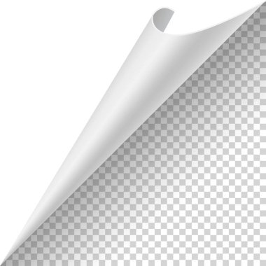 Kıvrılmış kağıt köşesi. Eğri sayfa köşesi, sayfa kenarı kıvrımlı ve gerçekçi gölgesi olan eğri kağıt çarşaf. Kağıt köşe katlaması beyaz arkaplanda izole edildi.