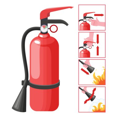 Yangın söndürme talimatı. Yangın önleme ve söndürme ipuçları. Güvenlik Bilgileri, web sitesi afişi veya afişi. Mavi arkaplanda izole edilmiş çizgi film düz vektör çizimleri.