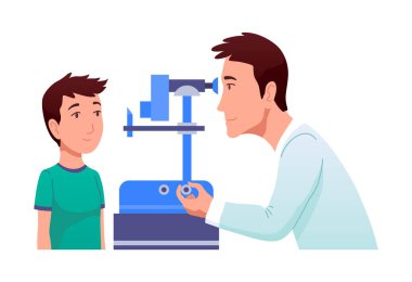 Görme kontrolü. Göz doktoru, gözlüklü tıbbi ekipmanlarla çocuk görüşünü kontrol ediyor. Oftalmolog doktor hastanın görme yeteneğini inceliyor..