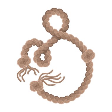 Püskül ve düğümle ipe asılıyor. Denizcilik ipliği ya da deniz dikey ipliği. Beyaz arka planda izole edilmiş halata asılı tekstil püskülleri. Vektör illüstrasyonu.