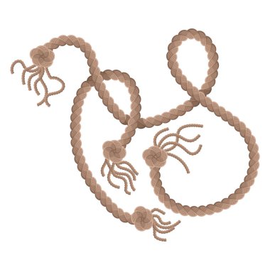 Püskül ve düğümle ipe asılıyor. Denizcilik ipliği ya da deniz dikey ipliği. Beyaz arka planda izole edilmiş halata asılı tekstil püskülleri. Vektör illüstrasyonu.