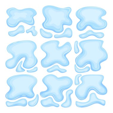 Su birikintileri hazır. Düz çizgi film tarzında çeşitli şekillerde mavi sıvı. Beyaz arkaplanda temiz sıvı damlası tasarımı elementleri izole.