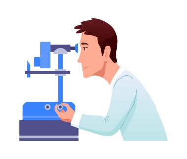 Görme kontrolü. Göz doktoru, gözlüklü tıbbi ekipmanlarla çocuk görüşünü kontrol ediyor. Oftalmolog doktor hastanın görme yeteneğini inceliyor..