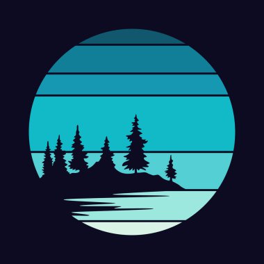 Çizgili günbatımı logosu. Rozetler için renkli vintage resimler çiz. Turizm, seyahat konsepti, macera logosu. Çizgi film vektör illüstrasyonu.