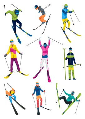 Kayakçı, ikon hazır. Sporcu spor yapıyor. Kayak yapan insanlar. Çizgi film kış sporu karakterleri, seyahat aktiviteleri. Tatil kavramı. Vektör illüstrasyonu beyaz arkaplanda izole edildi.
