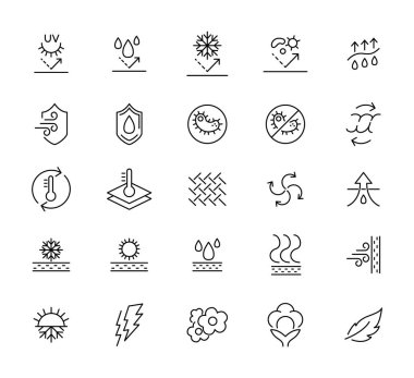 Kumaş madde çizgi simgesi seti. Keten, deri, pamuk, bambu, kaşmir, mohair en az vektör çizimi. Tekstil ürünleri için basit bir taslak. Piksel Mükemmel, Düzenlenebilir Vuruş.