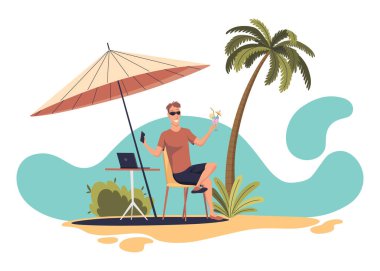 Yazın Palm Tree 'nin altındaki plajda kokteyl ve not defteriyle serbest çalışan adam. Sahilde oturan ve dizüstü bilgisayarla çalışan bir iş adamı. Plaj Şemsiyesi. Yaz tatili rahatla. Vektör İllüstrasyonu.