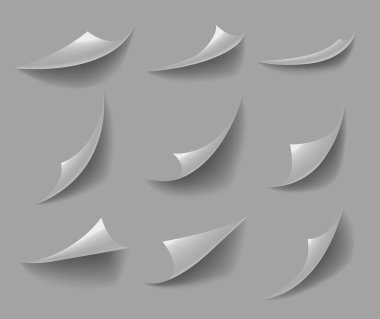 Kıvrılmış kağıt köşeler. Viraj sayfası köşesi, kenarları kıvrımlı ve gerçekçi gölgeli kağıtlar. Kağıt köşe katları beyaz arkaplan üzerinde izole.