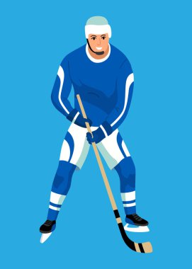 Hokey oyuncusu. Buz hokeyi takımı sporu, hokey sopalı erkekler. Çizgi filmlerdeki gibi kasklı bir sporcu. Vektör illüstrasyonu beyaz arkaplanda izole edildi.