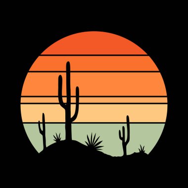 Çizgili günbatımı logosu. Rozetler için renkli vintage resimler çiz. Turizm, seyahat konsepti, macera logosu. Çizgi film vektör illüstrasyonu.