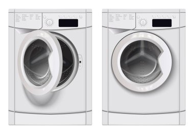 Çamaşır makinelerinin kapalı ve açık kapı çizimleri ile izole edilmiş ön görüşlü gerçekçi çamaşır makinesi modeli seti.