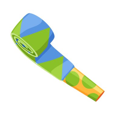 Parti üfleyicisi ya da ses çıkaran ikon. Yuvarlanan ses, kutlama konsepti. Parti kornosu çıkartmasının düz tasarımı. Vektör çizgi film illüstrasyonu.