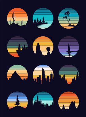 Çizgili günbatımı logosu. Rozetler için renkli vintage resimler çiz. Turizm, seyahat konsepti, macera logosu. Çizgi film vektör illüstrasyonu.