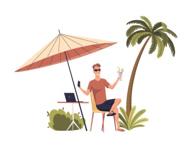 Yazın Palm Tree 'nin altındaki plajda kokteyl ve not defteriyle serbest çalışan adam. Sahilde oturan ve dizüstü bilgisayarla çalışan bir iş adamı. Plaj Şemsiyesi. Yaz tatili rahatla. Vektör İllüstrasyonu.