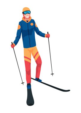 Kayakçı, ikon. Sporcu spor yapıyor. Kayak yapan insanlar. Çizgi film kış sporu karakteri, seyahat aktivitesi. Tatil kavramı. Vektör illüstrasyonu beyaz arkaplanda izole edildi.
