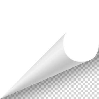 Kıvrılmış kağıt köşesi. Eğri sayfa köşesi, sayfa kenarı kıvrımlı ve gerçekçi gölgesi olan eğri kağıt çarşaf. Kağıt köşe katlaması beyaz arkaplanda izole edildi.